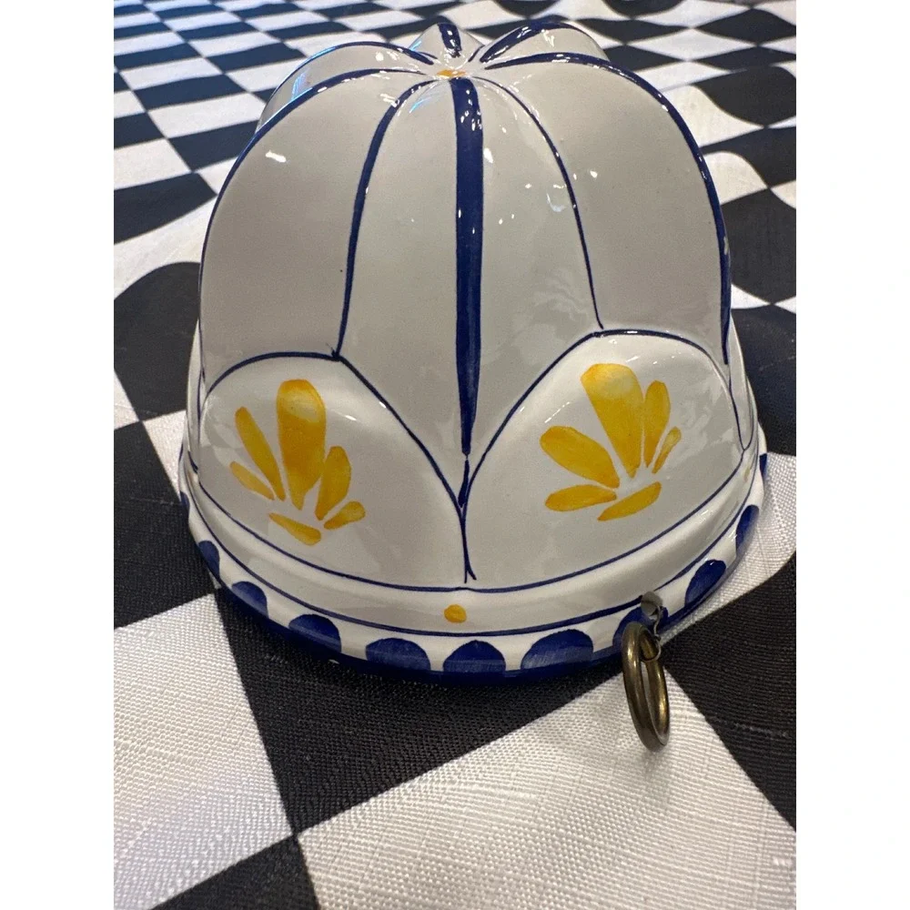 Vintage Ceramic ABC Fluted Cake Mold Dome Pan Blue Yellow Floral Kitchenware 4